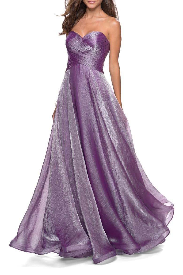 Strapless Chiffon Dress with Criss Cross Bodice Detail, Alternate, color, ORCHID