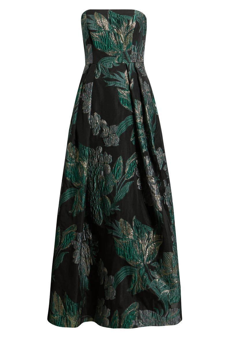 Strapless Metallic Jacquard A-Line Gown, Alternate, color, HUNTER