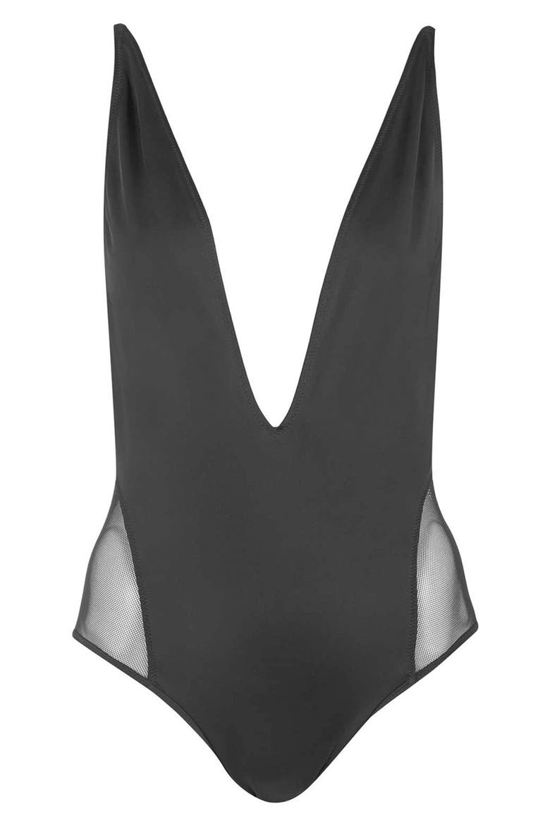 Plunging Mesh Inset One-Piece Swimsuit, Alternate, color, BLACK