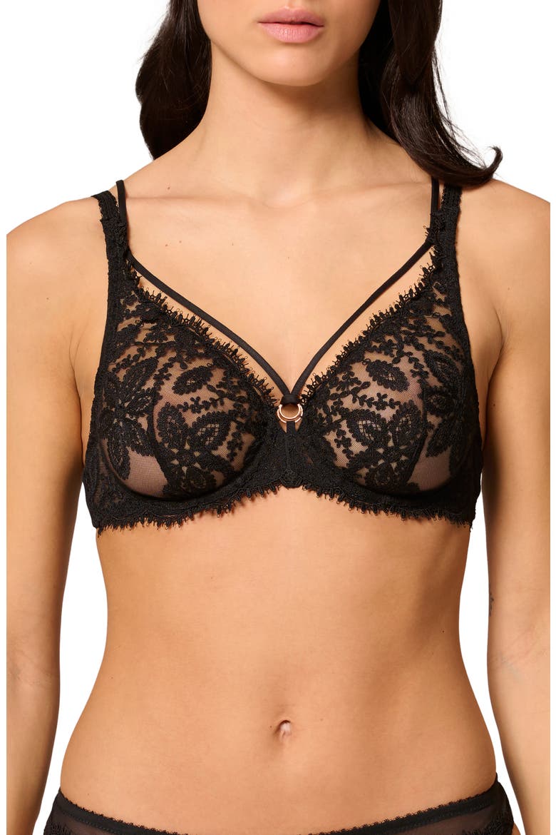 Embroidered Underwire Strappy Full Cup Plunge Bra, Main, color, BLACK