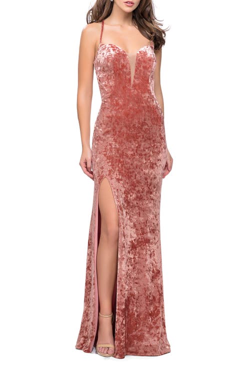 La Femme Crushed Velvet Form Fitting Gown With Leg Slit And Open Back In Blush