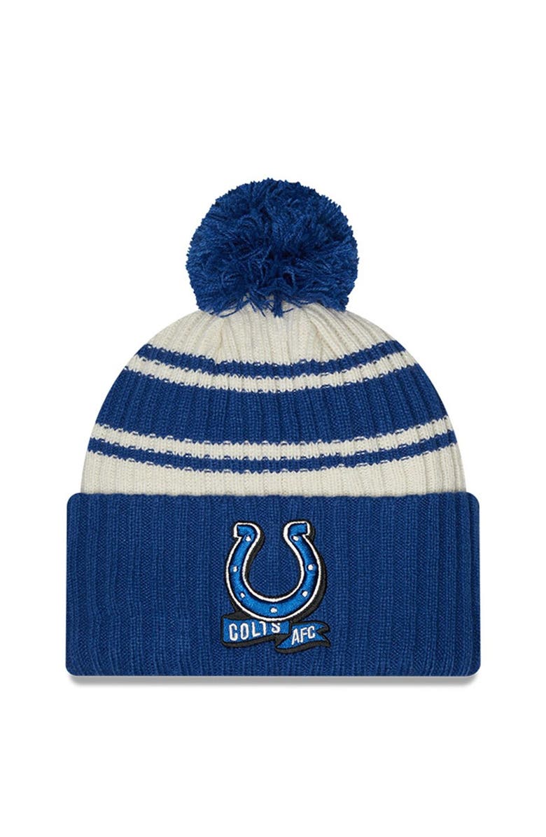 New Era Men's New Era Cream/Royal Indianapolis Colts 2022 Sideline Sport Cuffed Pom Knit Hat, Main, color, Cream