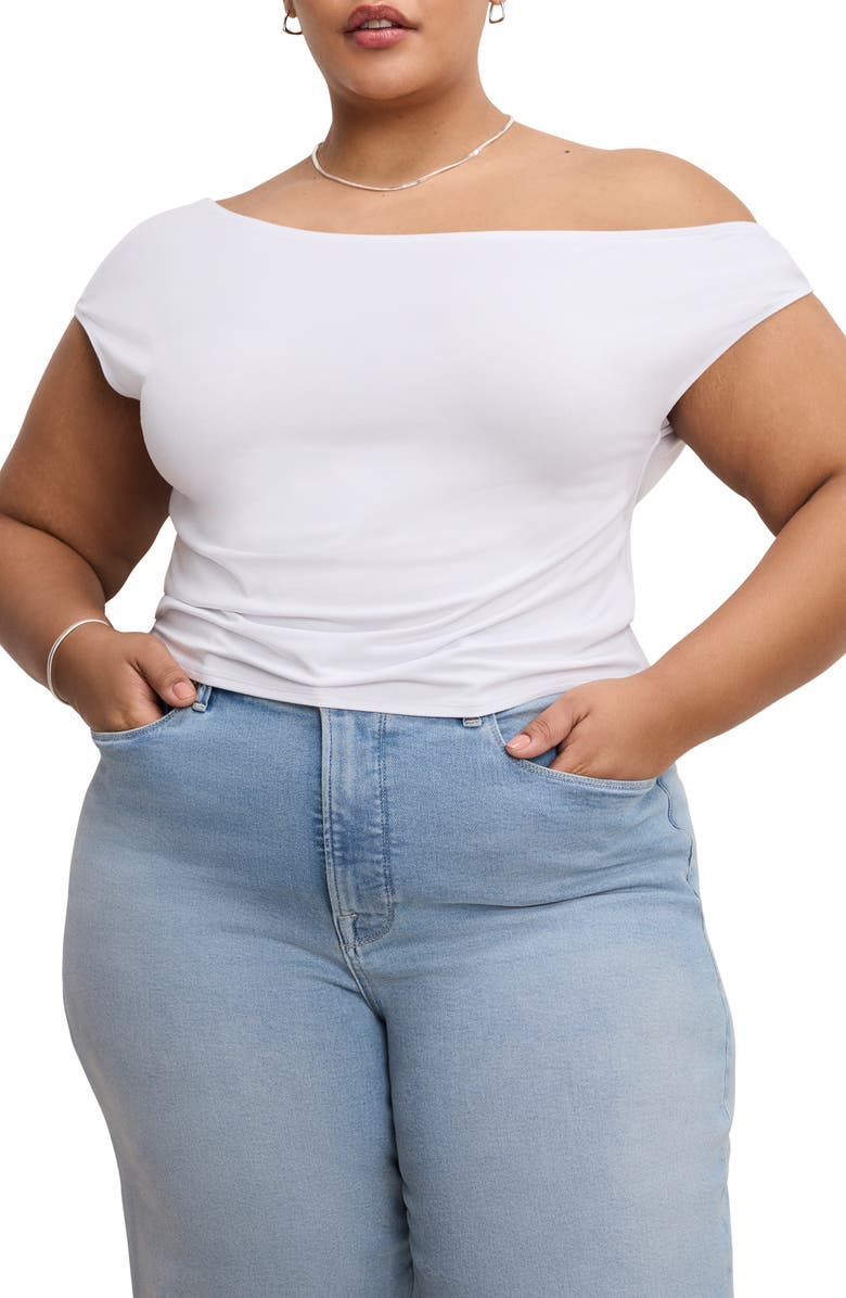 Good American Asymmetric Off the Shoulder Jersey Top, Alternate, color, White001