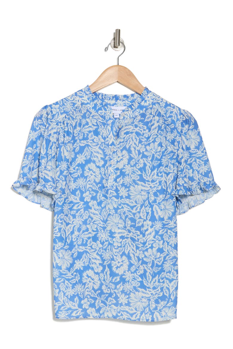 Short Sleeve Ruffle Top, Alternate, color, DUSTY BLUE/ OFF WHITE