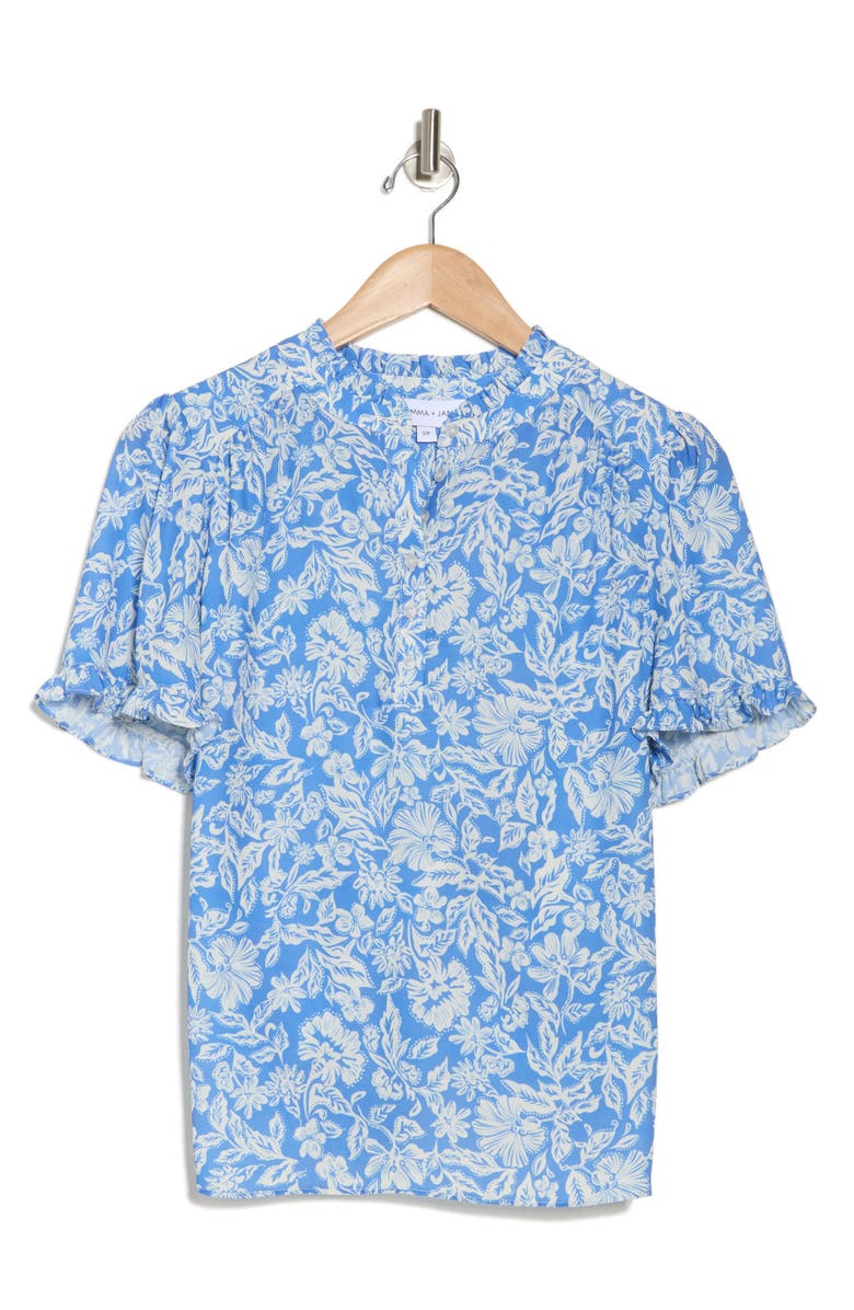 Gemma + Jane Short Sleeve Ruffle Top, Alternate, color, Dusty Blue/ Off White