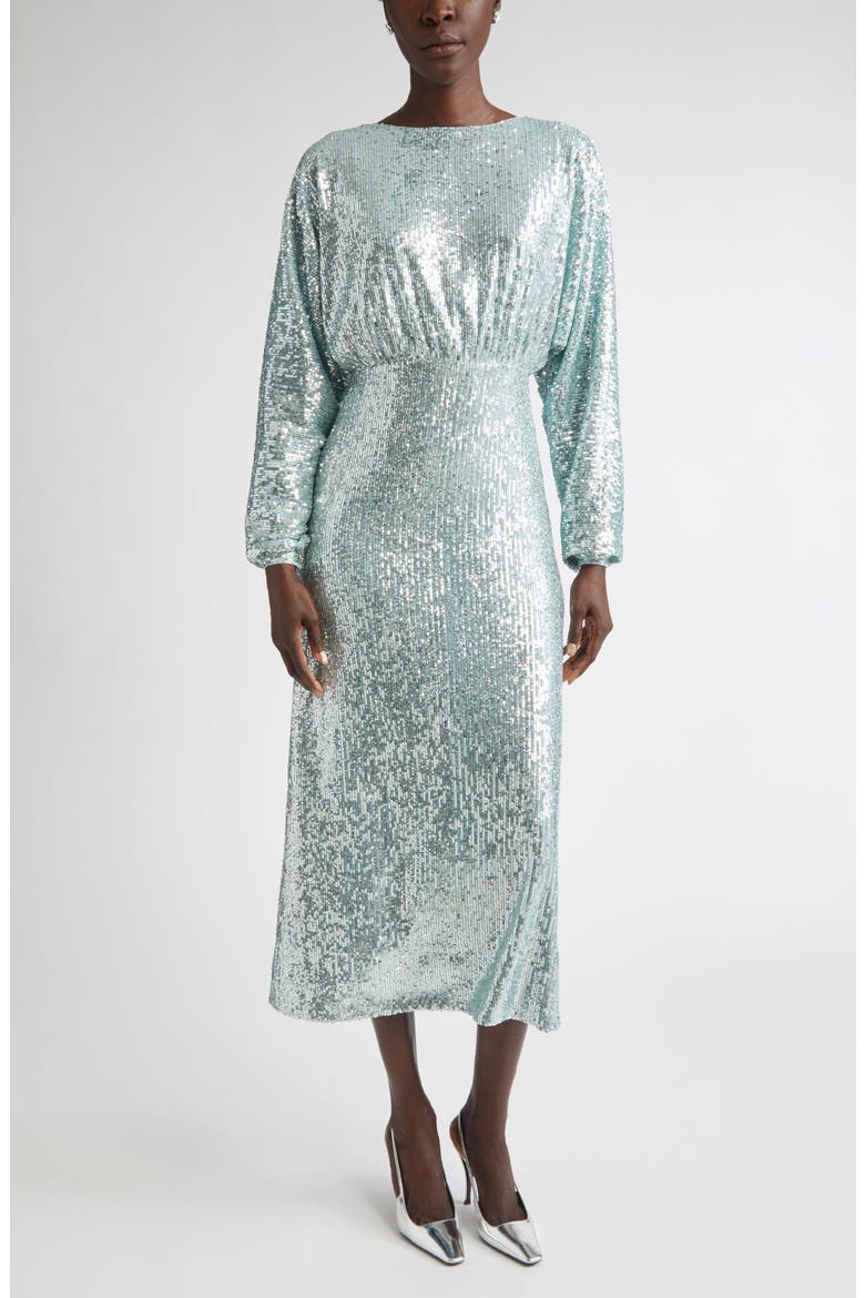 Long Sleeve Sequin Stretch Knit Midi Dress, Main, color, AQUA