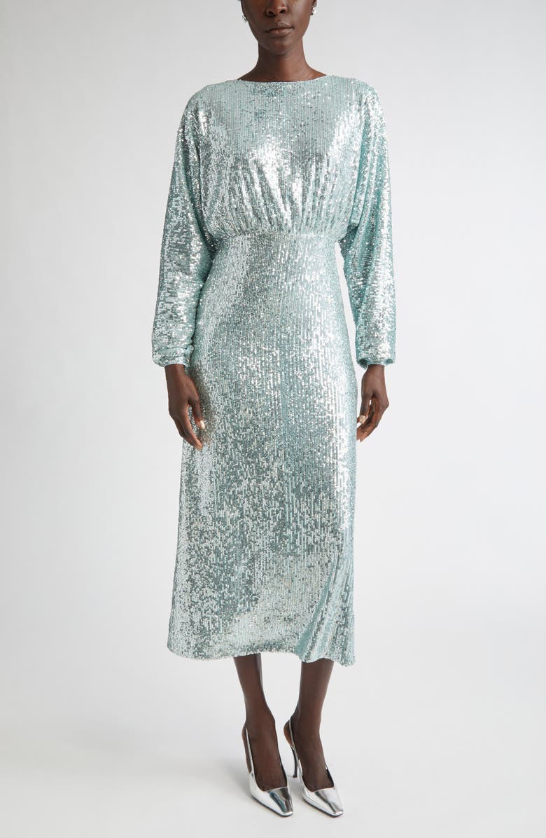 ST. JOHN Long Sleeve Sequin Stretch Knit Midi Dress, Main, color, Aqua