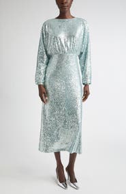 ST. JOHN Long Sleeve Sequin Stretch Knit Midi Dress