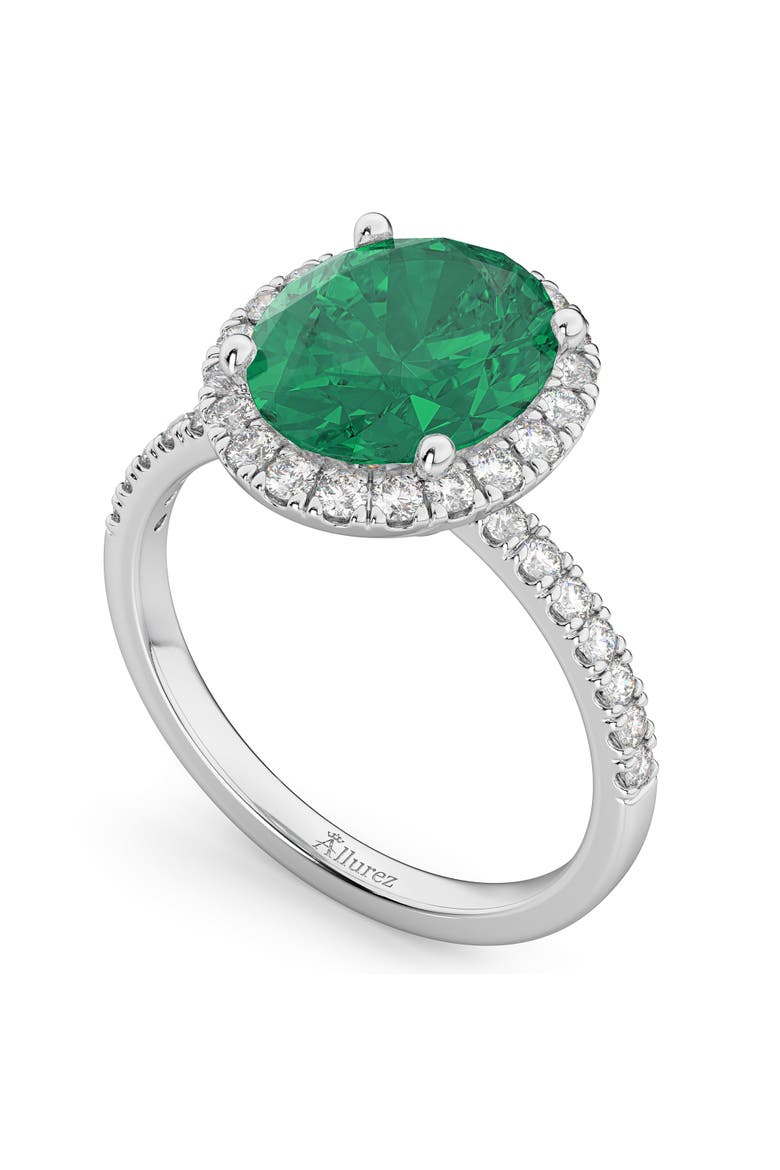 Oval Cut Halo Emerald & Diamond Engagement Ring 14K, Alternate, color, 3.11ct/White Gold