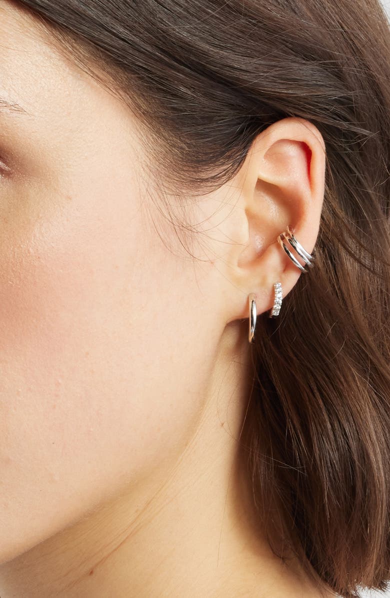 Nordstrom Dainty Ear Cuff & Huggie Hoop Earring Set, Alternate, color, Clear- Silver