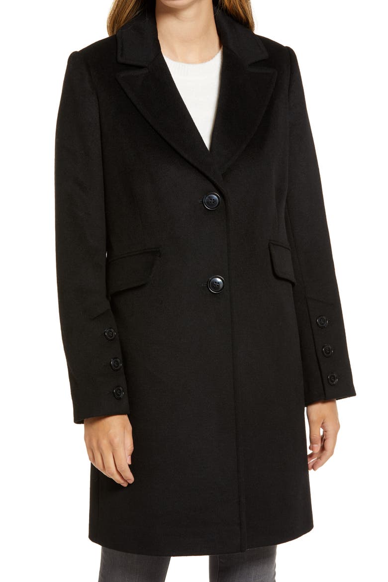 Notched Collar Wool Blend Coat, Alternate, color, BLACK