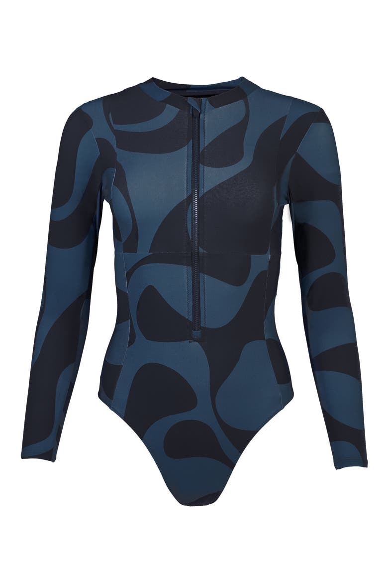 Tidal Long Sleeve One-Piece Swimsuit, Alternate, color, BLUE WATER MARBLE PRINT