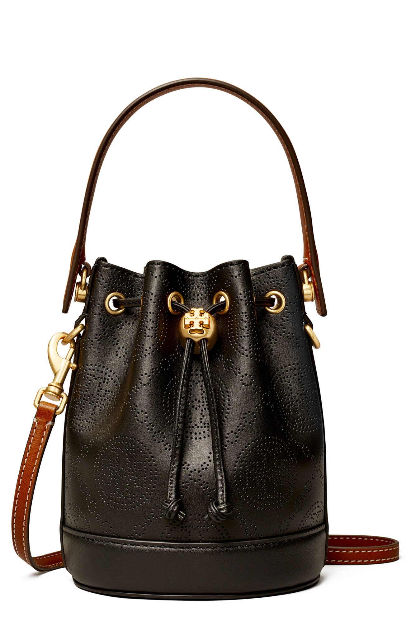 Tory Burch Mini T Monogram Perforated Leather Bucket Bag, Main, color, 