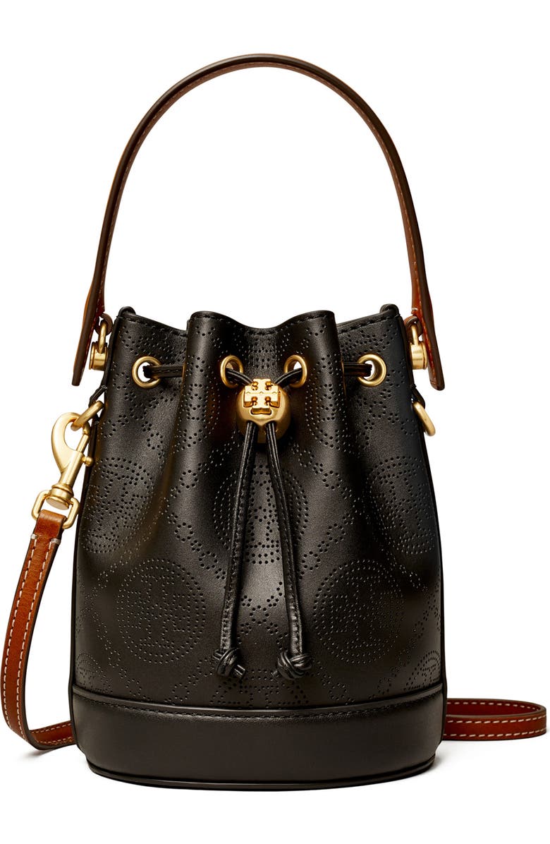 Tory Burch Mini T Monogram Perforated Leather Bucket Bag, Main, color,