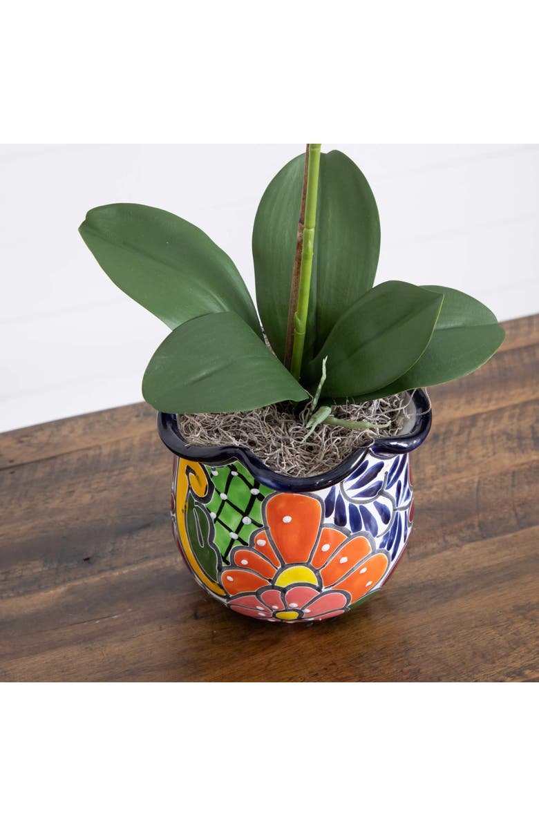 NEARLY NATURAL 26-in Artificial Orchid Arrangement in Handmade Mexican Talavera Ceramic Planter, Alternate, color, Green