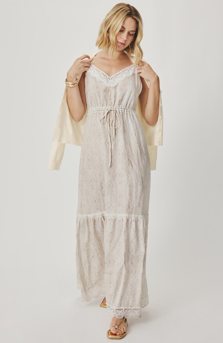 Splendid Anastasia Lace Trim Print Sleeveless Maxi Dress, Alternate, color, Antique Pearl Ivory Paisley