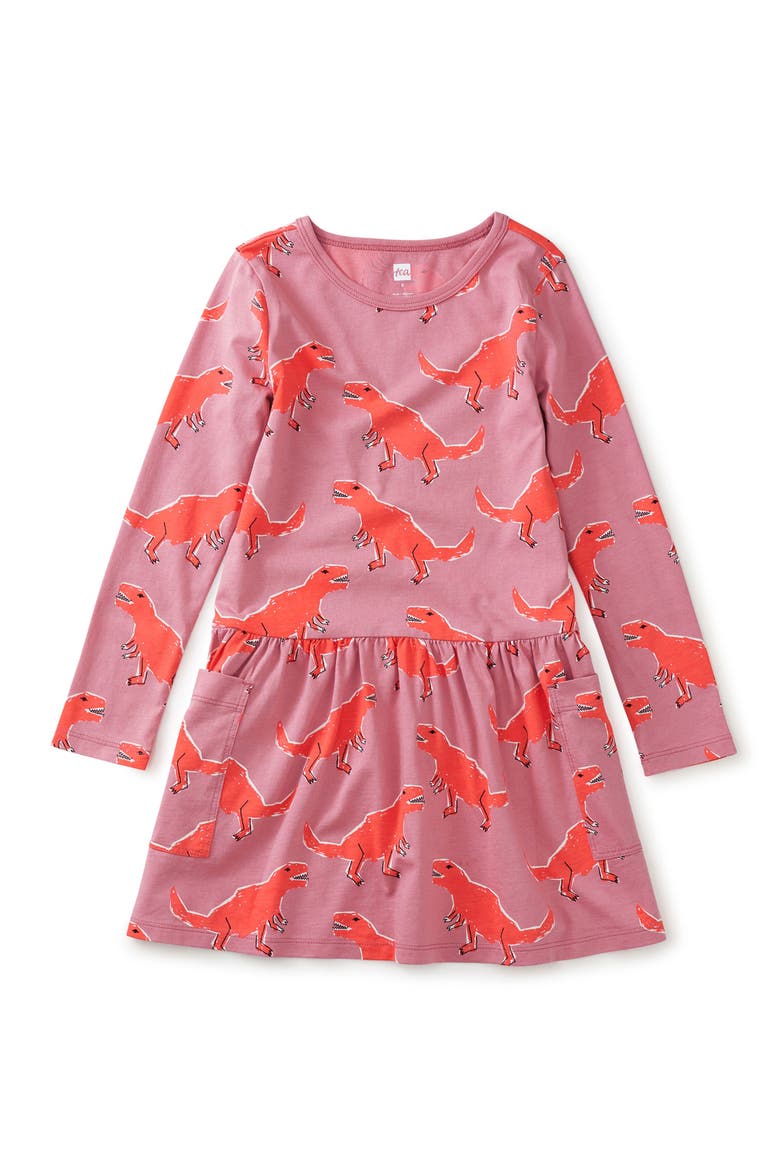 Long Sleeve Pocket Dress, Alternate, color, Stomping Dinos In Pink