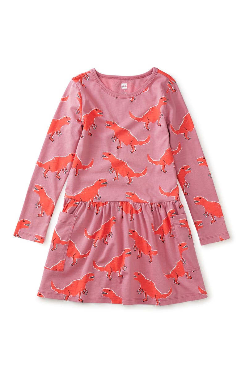 Tea Collection Long Sleeve Pocket Dress, Alternate, color, Stomping Dinos In Pink