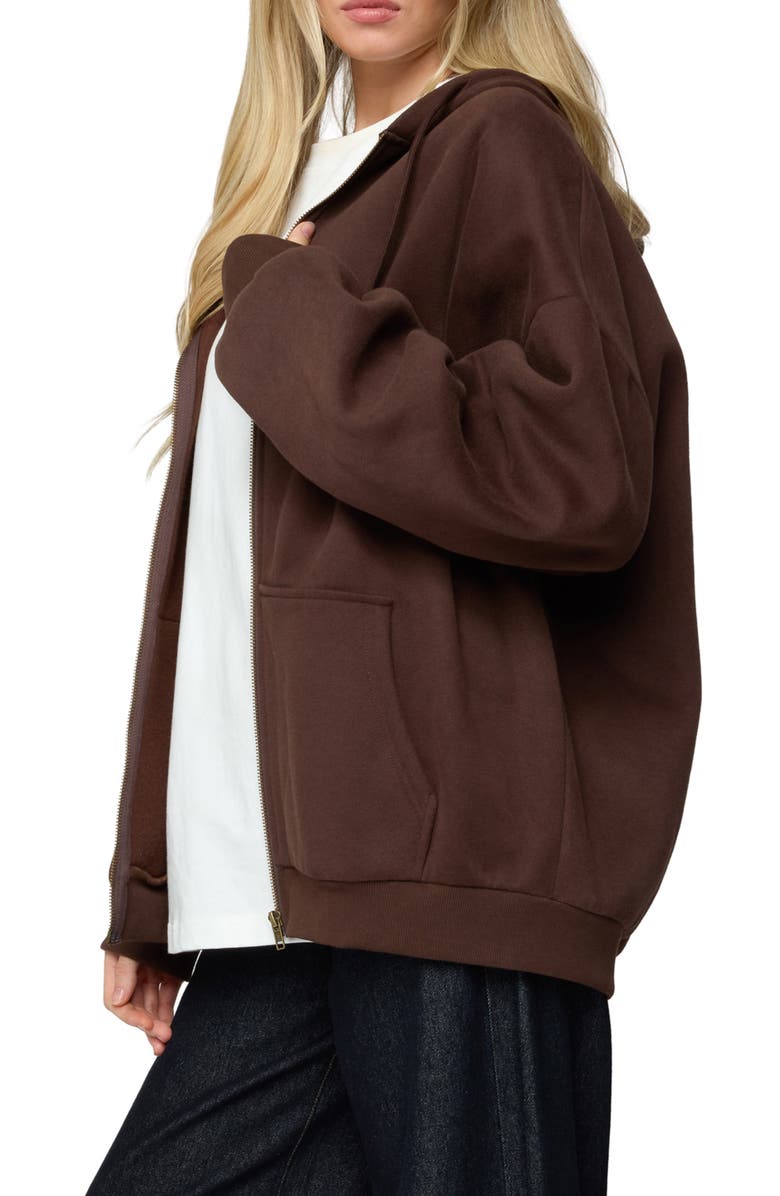 EDIKTED Elvie Oversize Zip Fleece Hoodie, Alternate, color, Brown