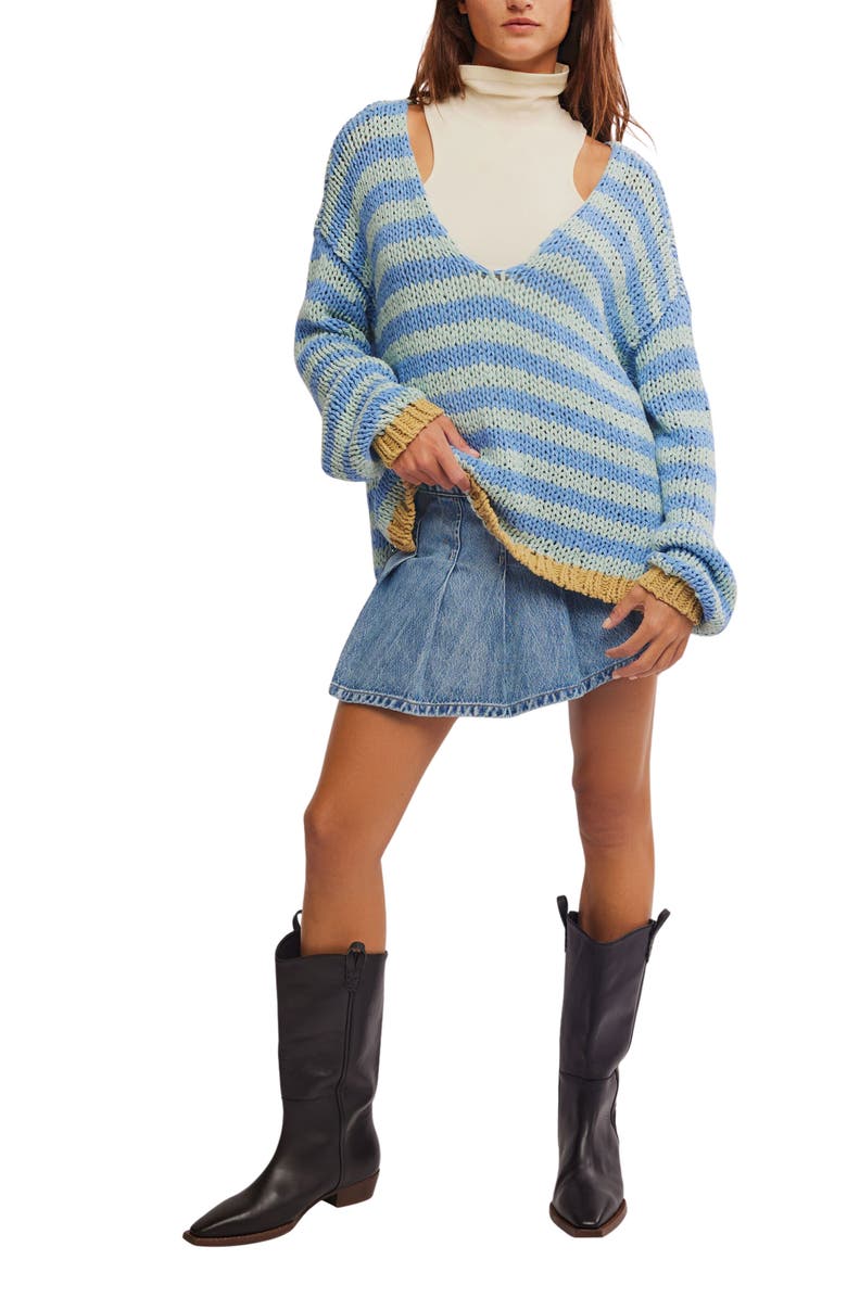 Free People Portland Stripe Cotton Sweater, Alternate, color, Blue Lake Combo