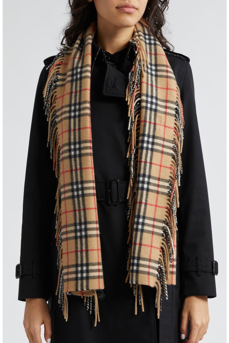 Check Fringed Cashmere Scarf, Alternate, color, ARCHIVE BEIGE