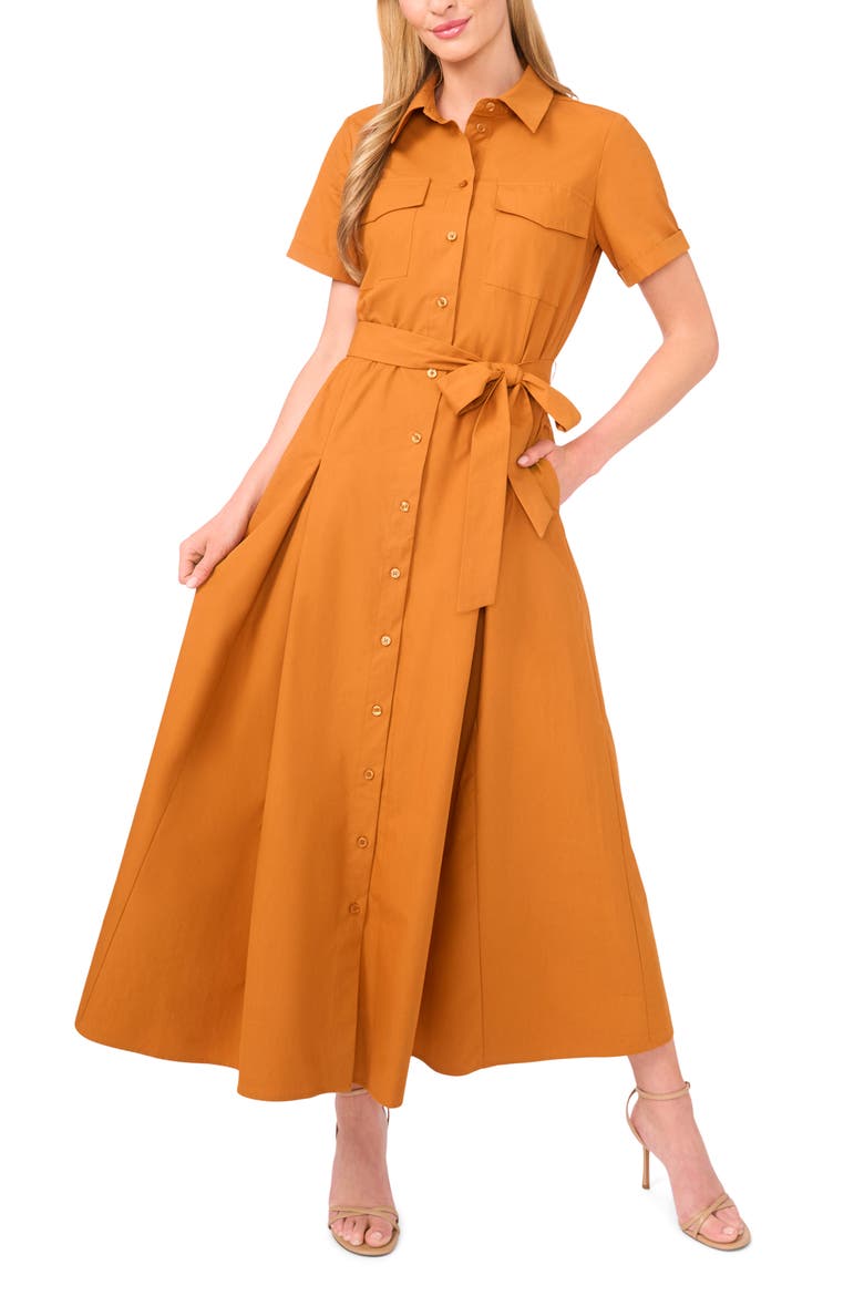 Box Pleat Tie Belt Cotton Maxi Shirtdress, Main, color, HONEY GINGER