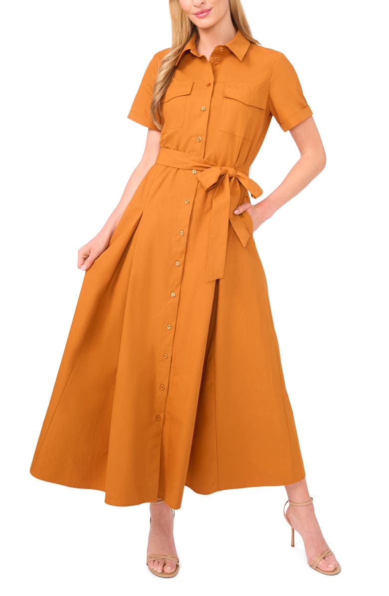 Ted Baker Box Pleat Tie Belt Cotton Maxi Shirtdress, Main, color, Honey Ginger