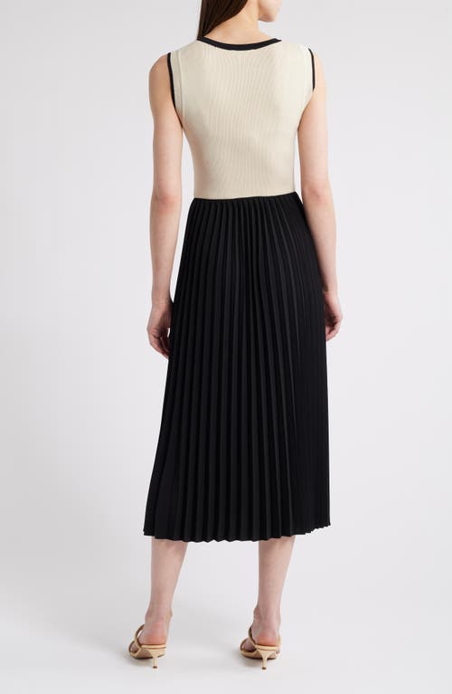 Zoe And Claire Mixed Media Pleated Midi Dress In Khaki/black
