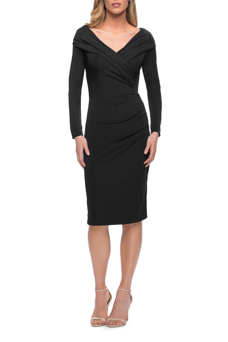 Long Sleeve Below the Knee Dress with V Neckline, Main, color, Black