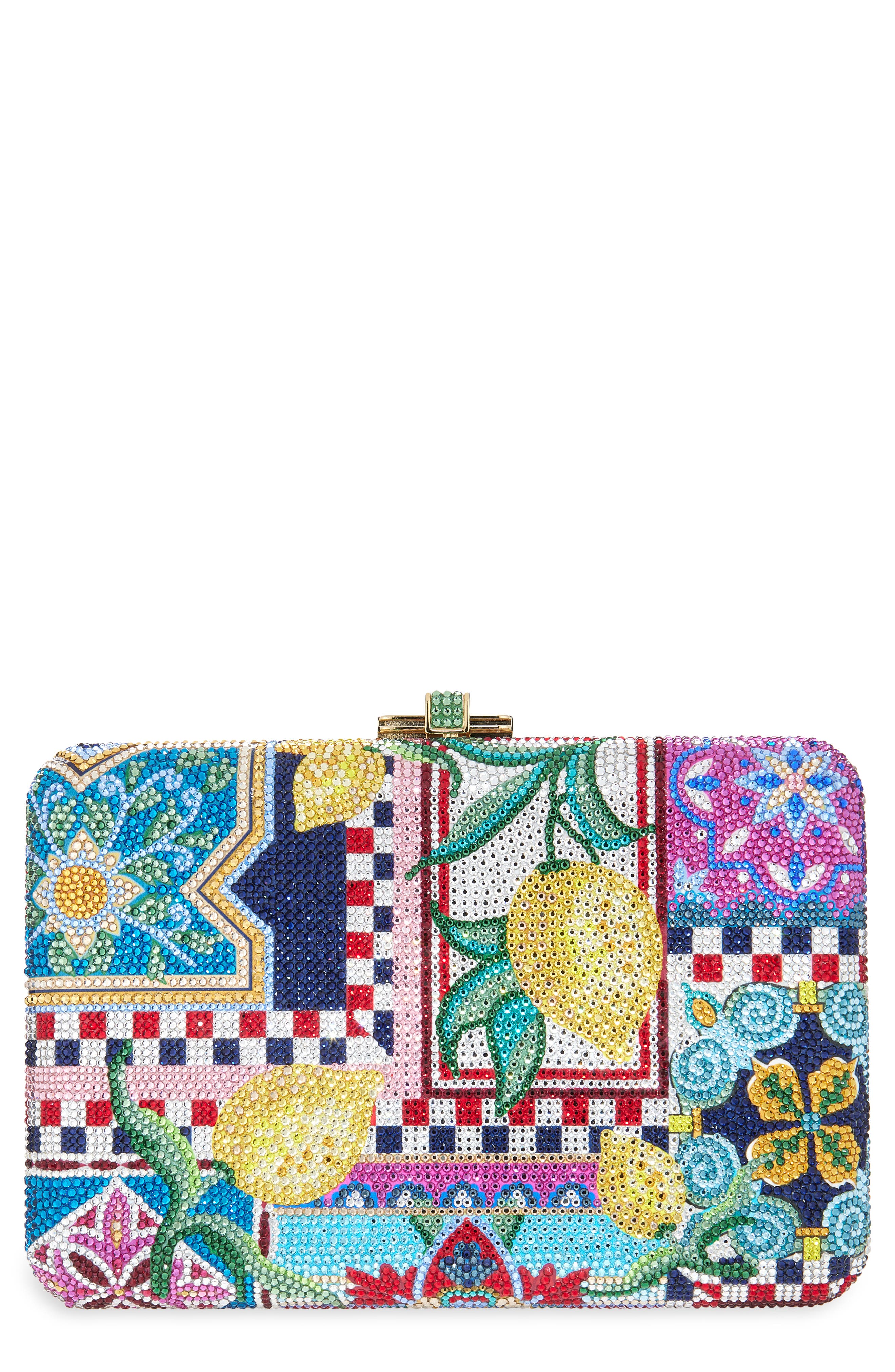 JUDITH LEIBER COUTURE Slim Slide Ceramica Crystal Embellished Clutch, Main, color, Champagne Dark Indigo Multi