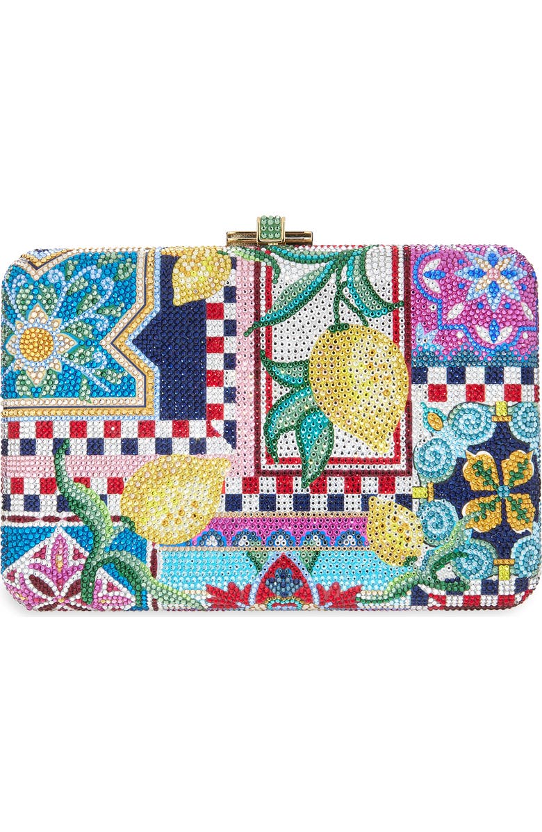 JUDITH LEIBER COUTURE Slim Slide Ceramica Crystal Embellished Clutch, Main, color, Champagne Dark Indigo Multi