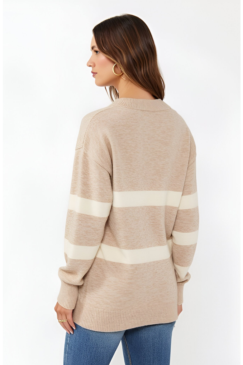 Striped V-Neck Drop-Shoulder Ribbed-Trim Sweater, Alternate, color, Beige / Cream