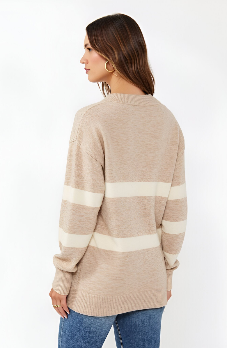 Modenaire Striped V-Neck Drop-Shoulder Ribbed-Trim Sweater, Alternate, color, Beige / Cream