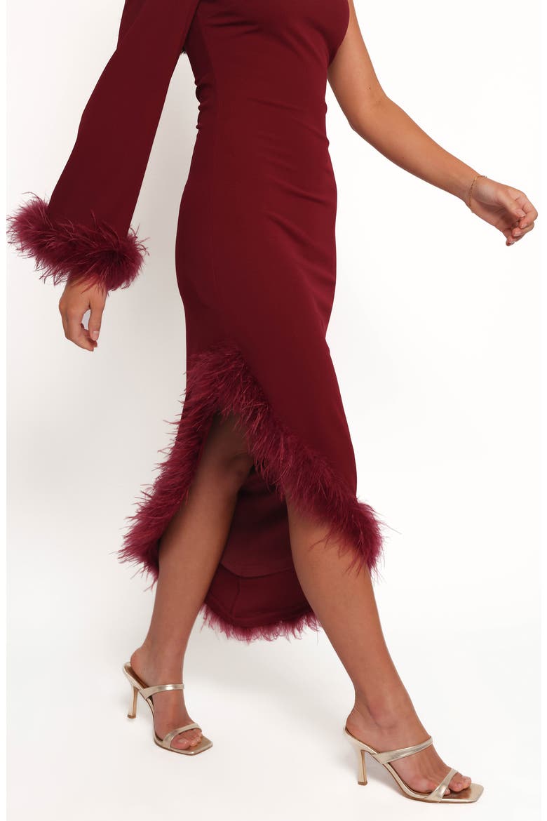 Dame Feather Trim Single Long Sleeve Midi Cocktail Dress, Alternate, color, DEEP WINE