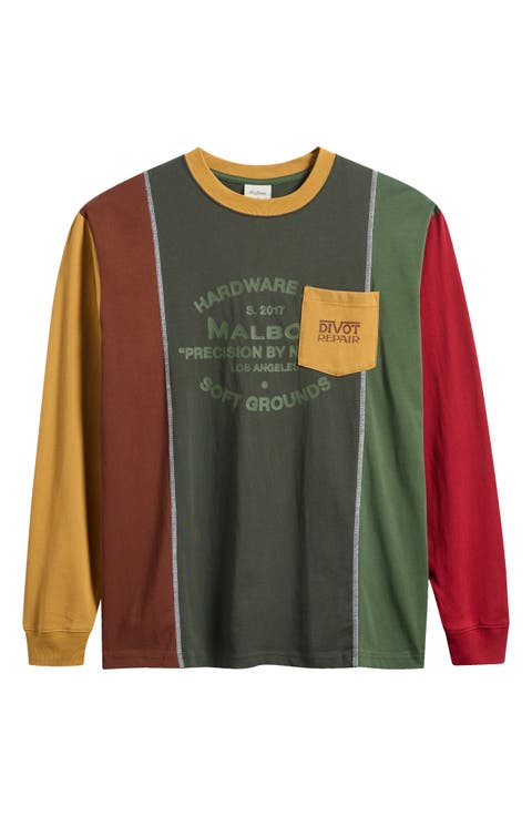 Gridline Colorblock Long Sleeve Pocket Graphic T-Shirt