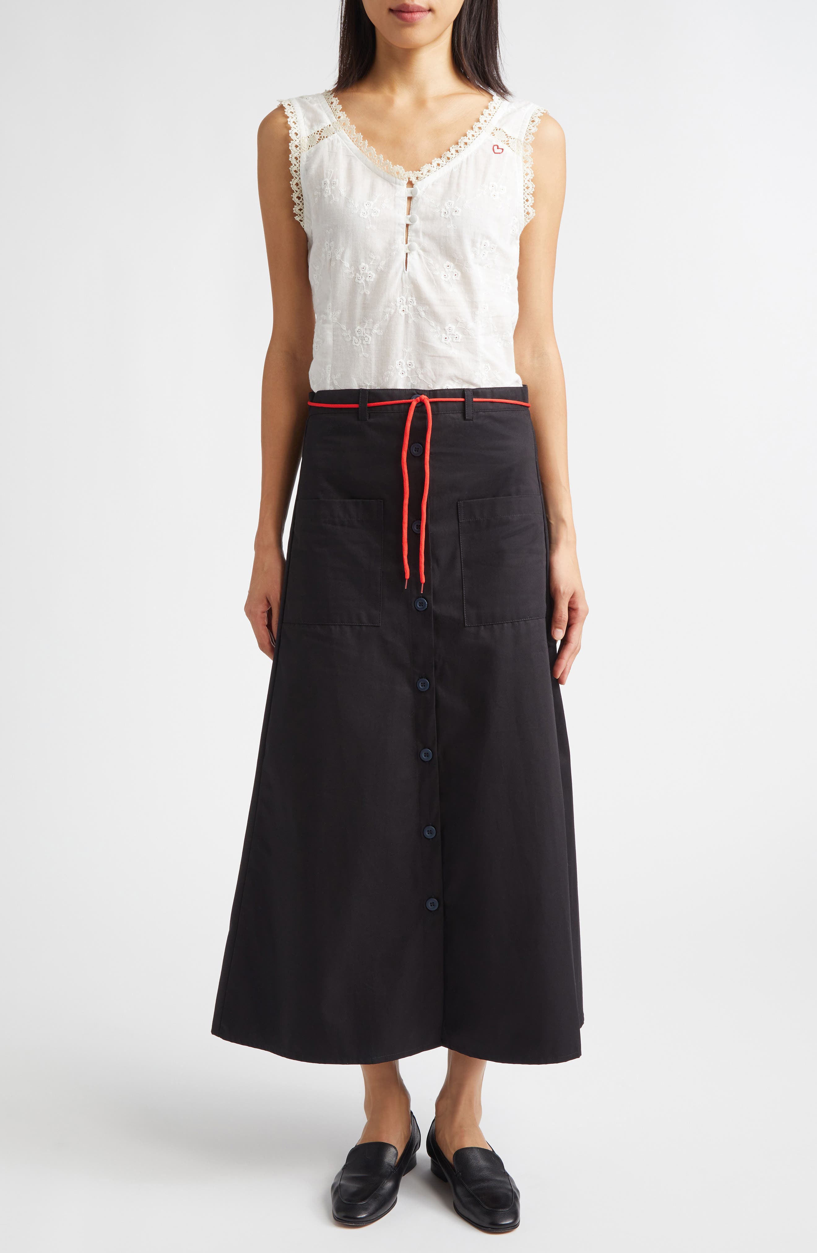 Shoelace Patch Pocket Cotton A-Line Midi Skirt - image 2
