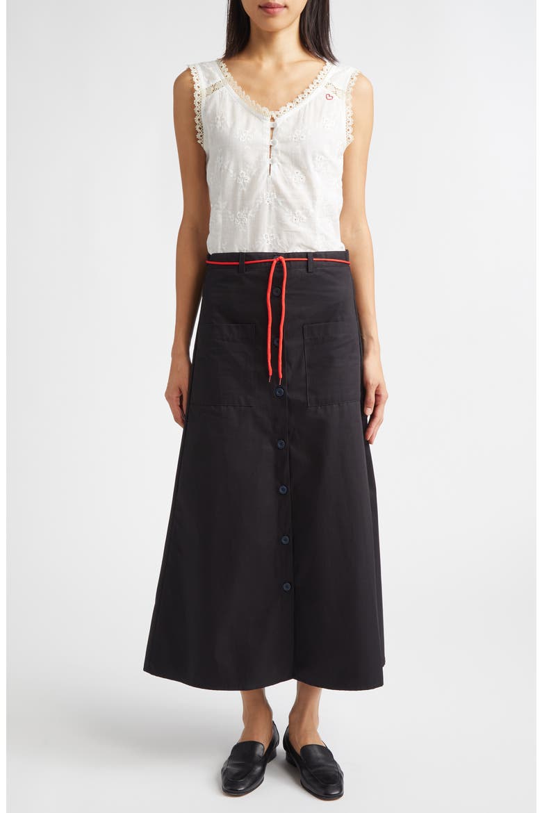 Shoelace Patch Pocket Cotton A-Line Midi Skirt, Alternate, color, BLACK