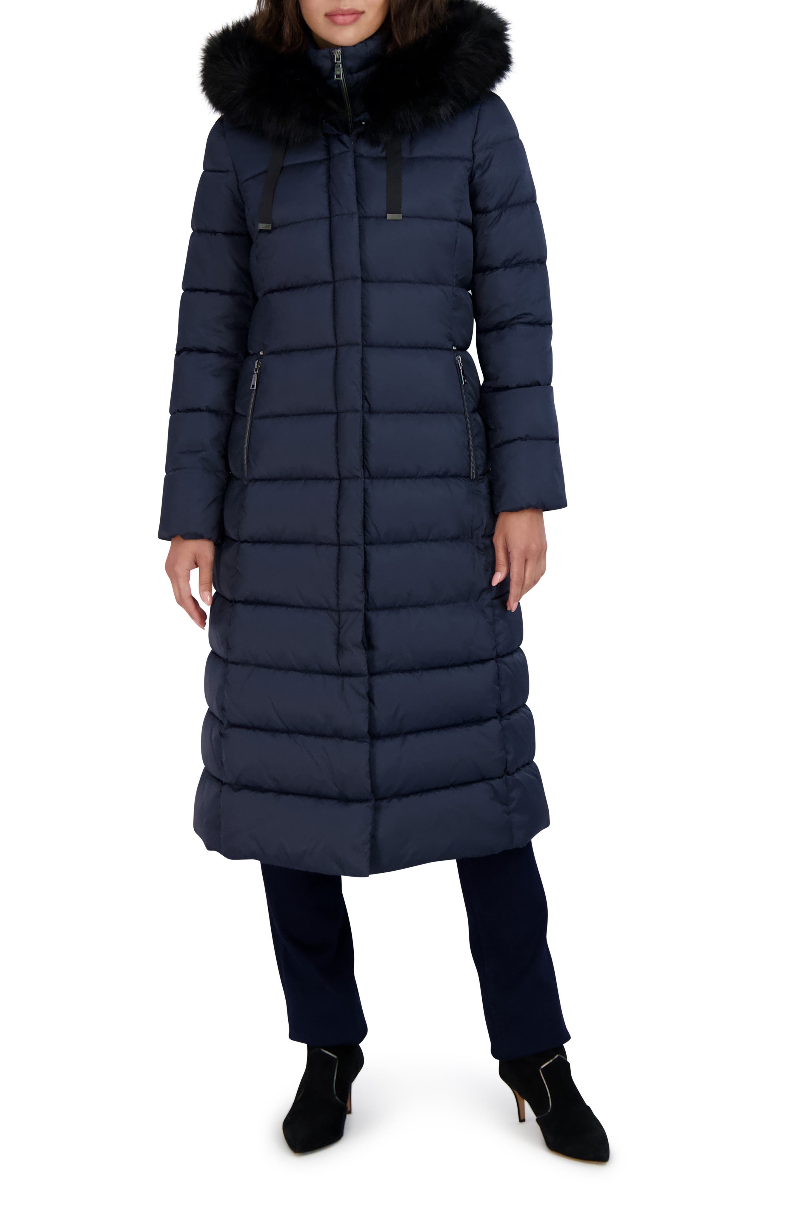 Tahari Nellie Faux Fur Trim Hooded Puffer Jacket with Bib