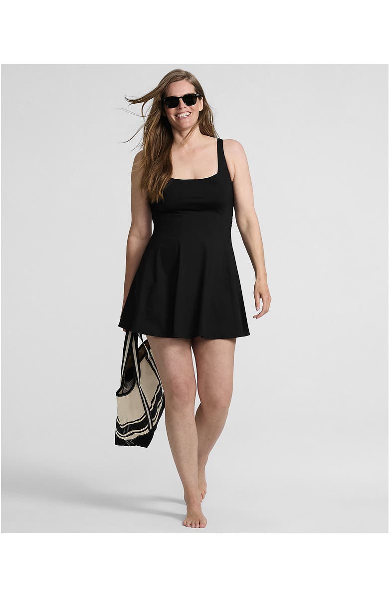 Lands' End Square Neck Corset Seamed Swim Dress, Alternate, color, Black