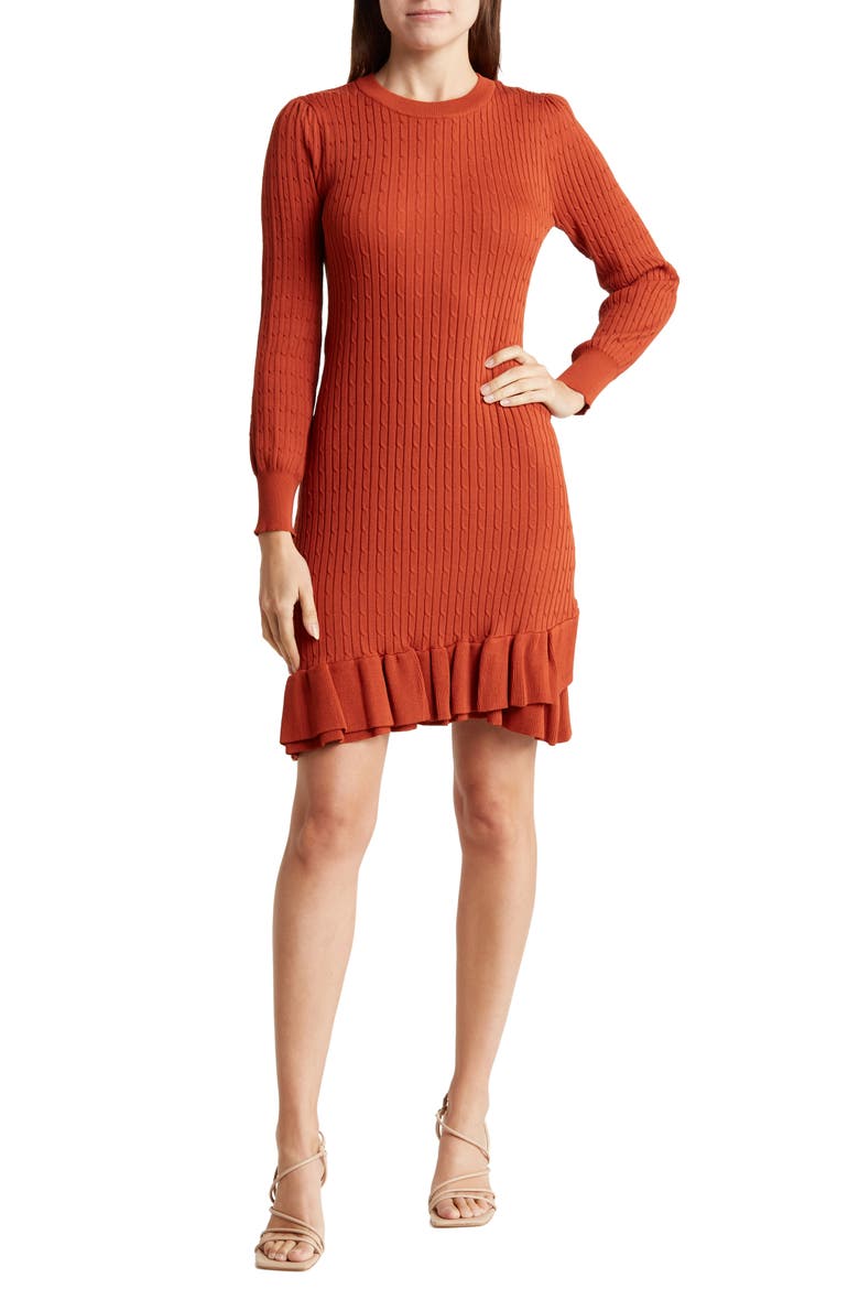 Long Sleeve Ruffle Hem Sweater Dress, Main, color, PICANTE