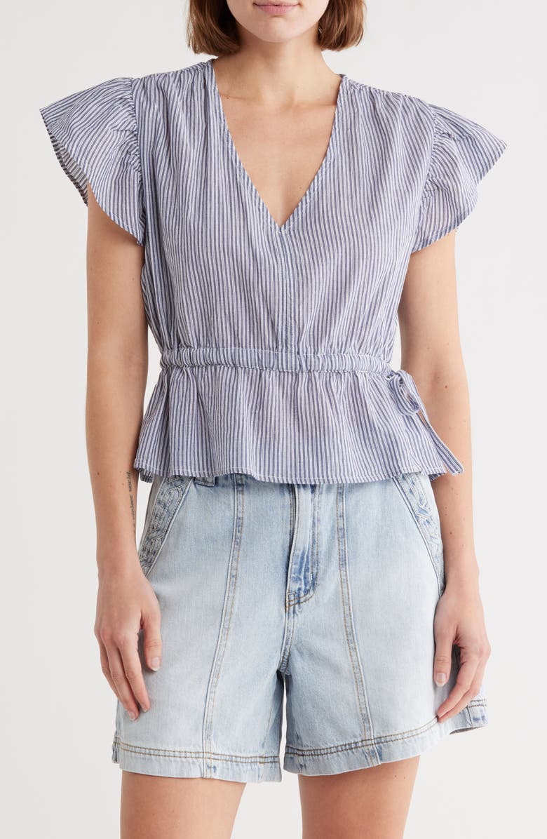 Habitual V-Neck Flutter Sleeve Top, Main, color, Navy Stripe