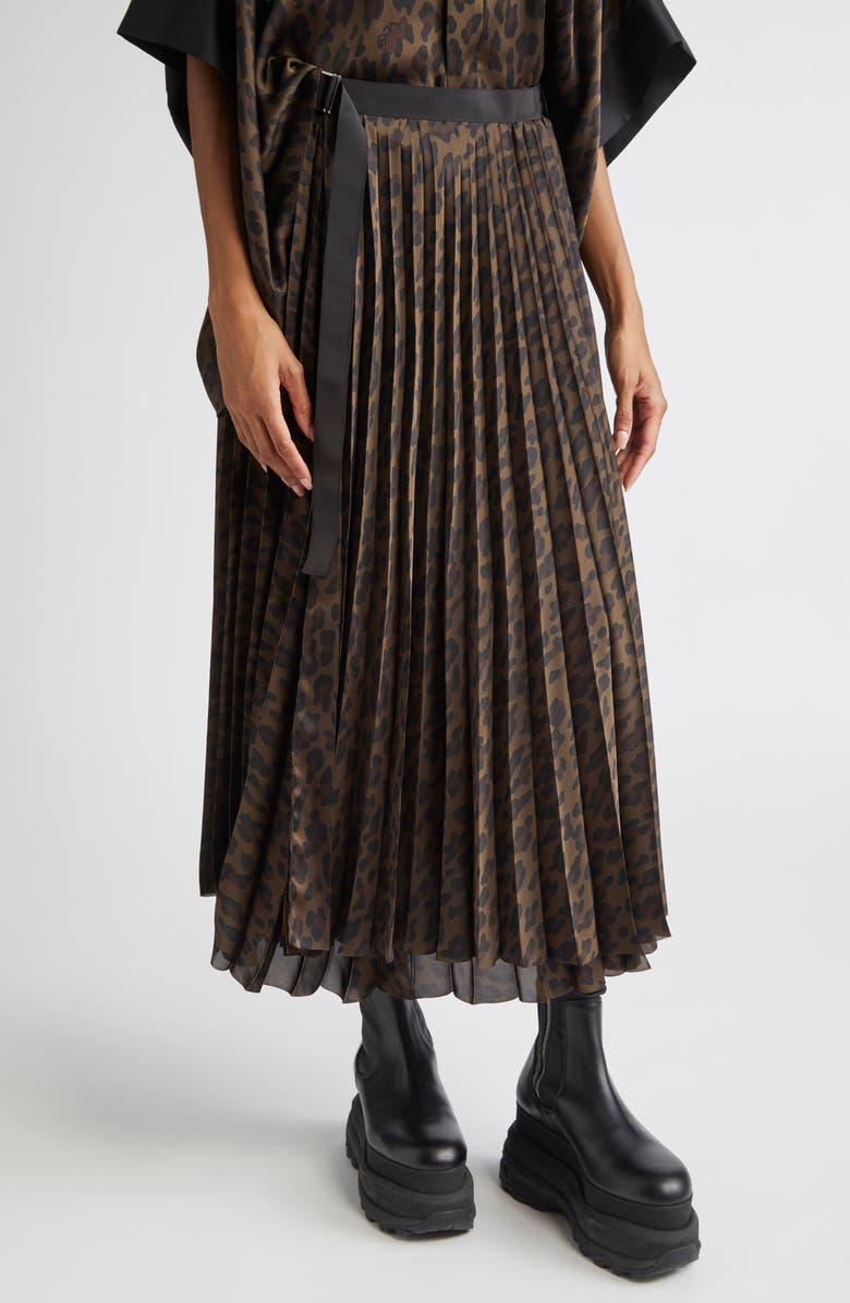 Sacai Pleated Leopard Print Satin Midi Skirt, Alternate, color, 