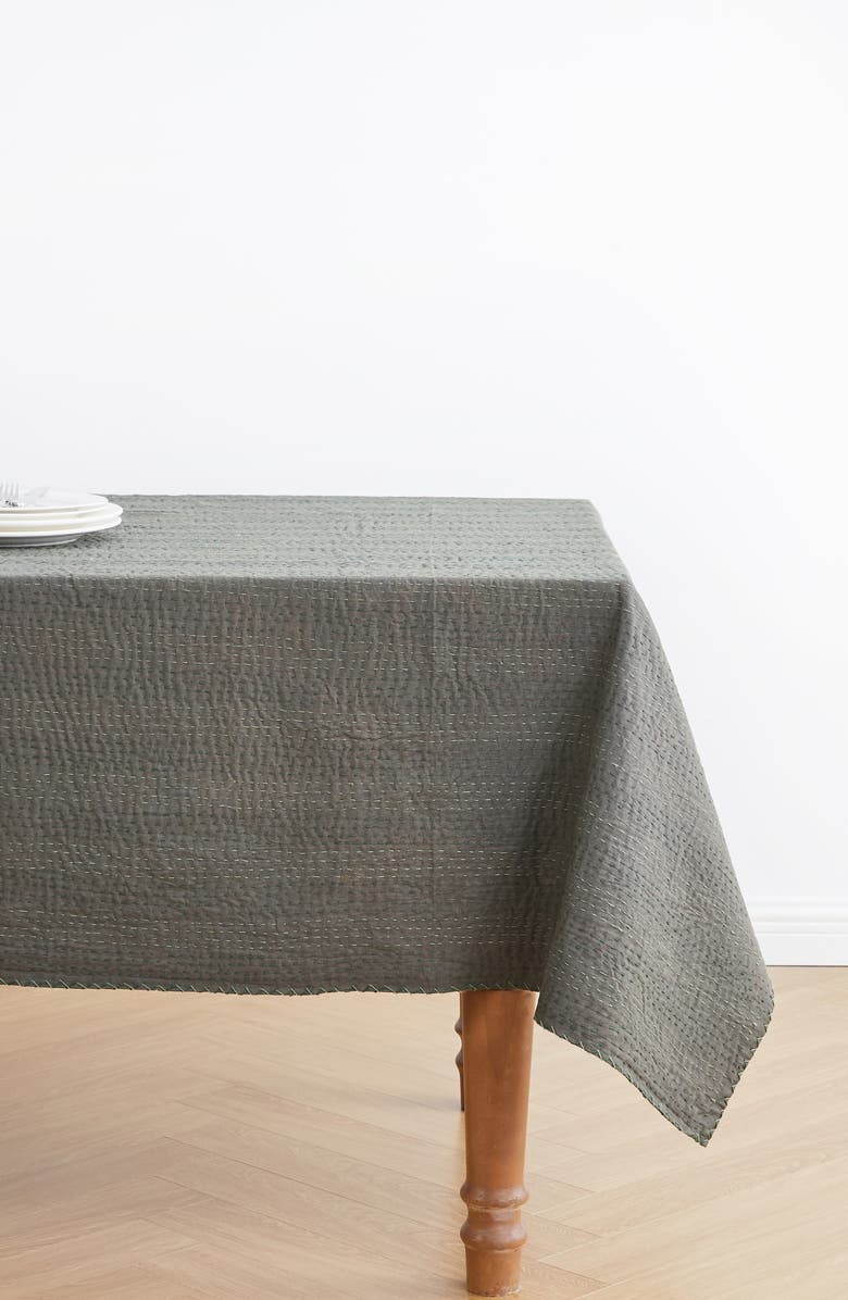 MELANGE HOME Kantha Reversible Cotton Throw Blanket, Alternate, color, Forest And Olive