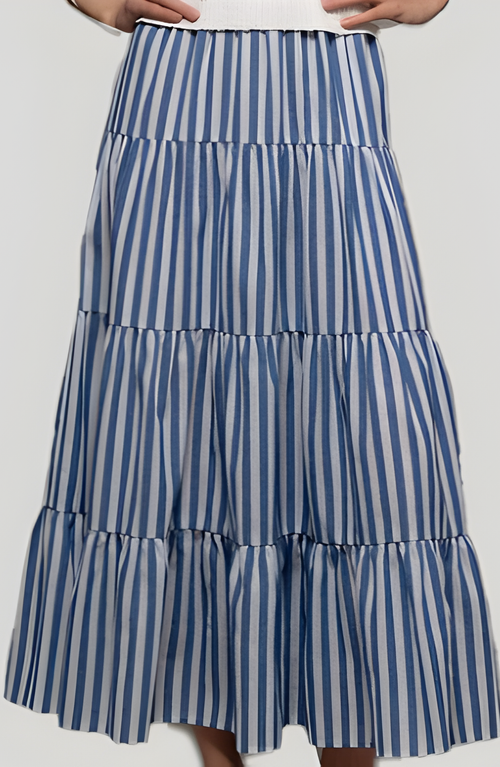 Modenaire Striped Tiered A-line Maxi Skirt With Side Pockets And Relaxed Fit In Blue