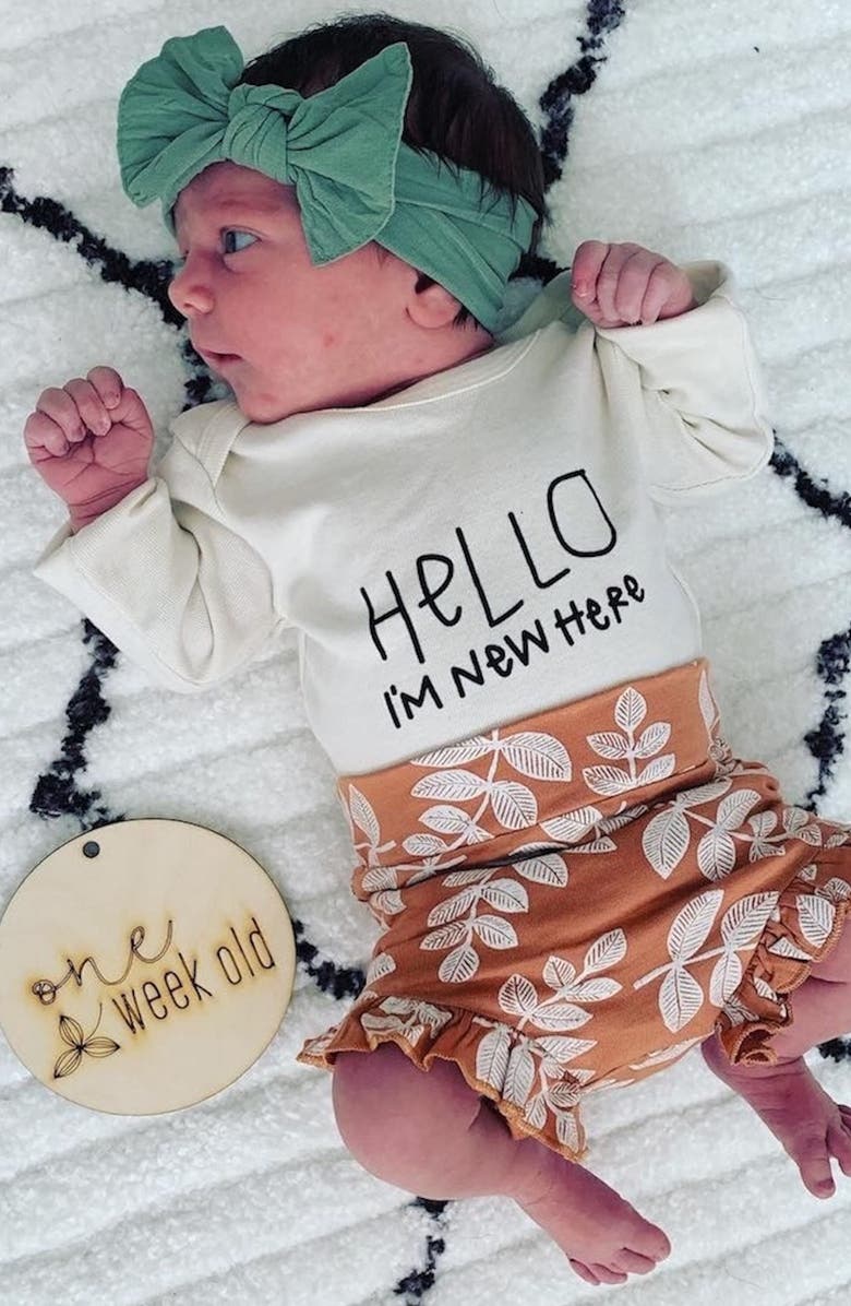 Tenth & Pine Hello, I'm New Here Organic Cotton Bodysuit, Alternate, color,