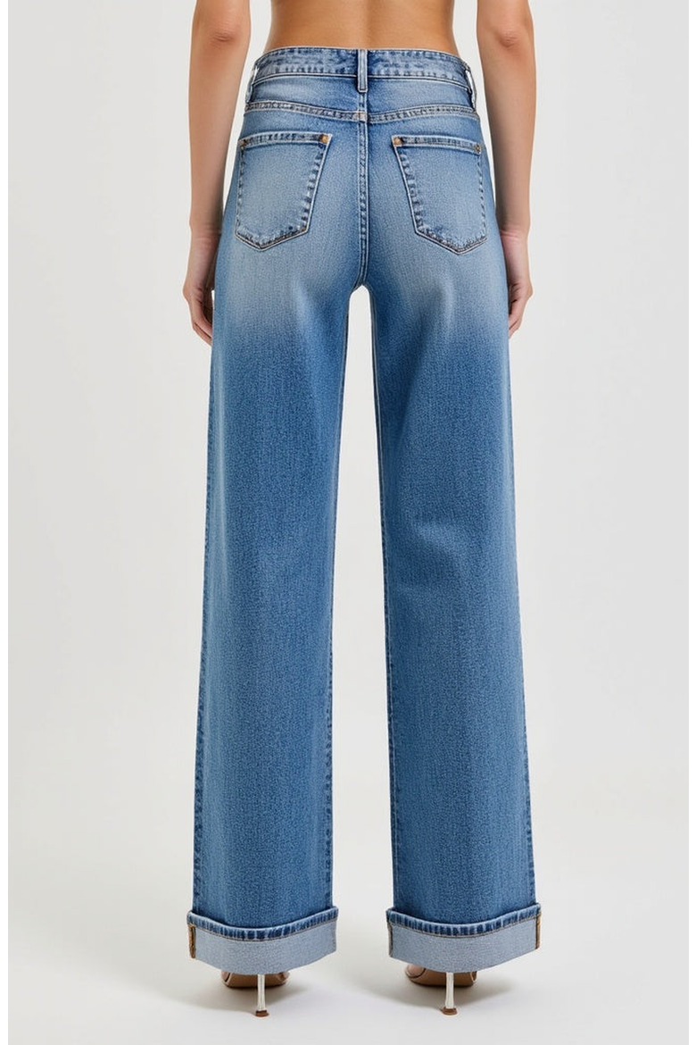 Wide Leg Button-Fly Cuffed Jeans with Front Patch Pockets, Alternate, color, Medium-Dark Wash