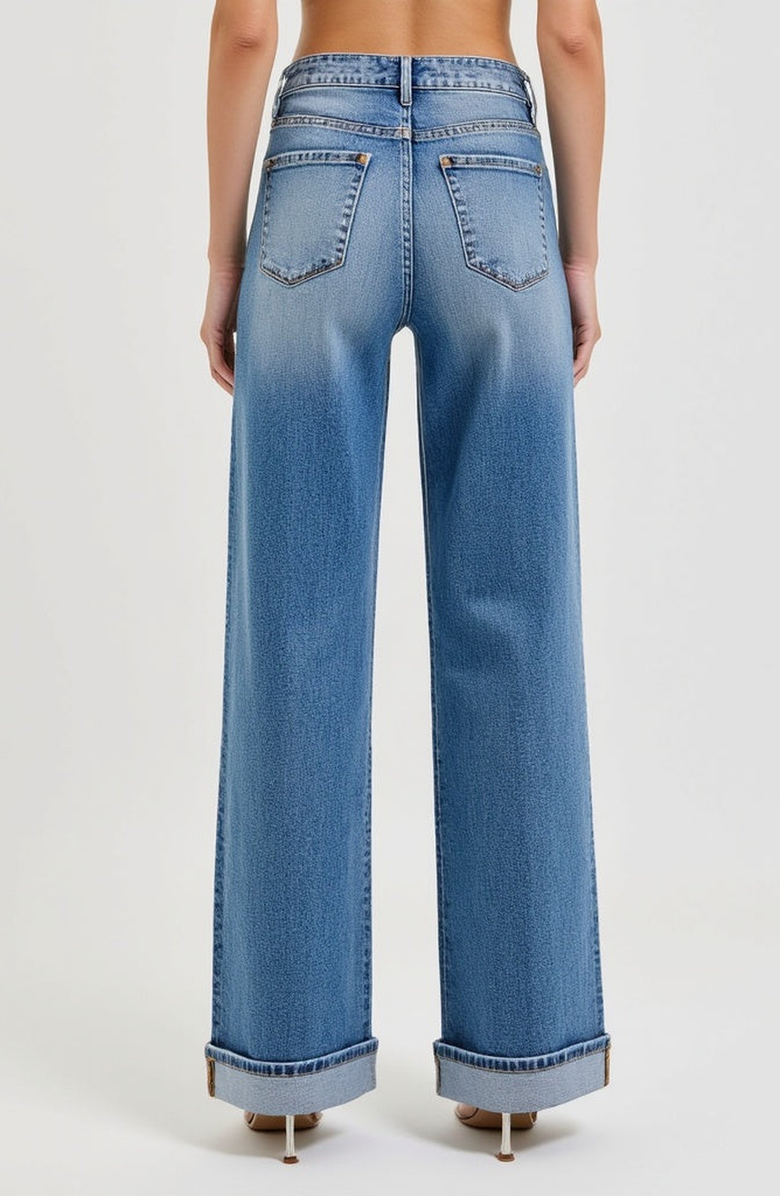 Modenaire Wide Leg Button-Fly Cuffed Jeans with Front Patch Pockets, Alternate, color, Medium-Dark Wash