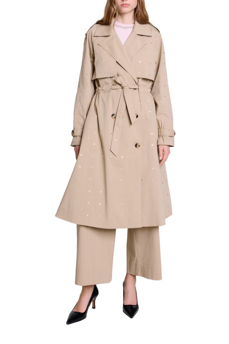 Studded elastic waist trench coat, Main, color, Beige