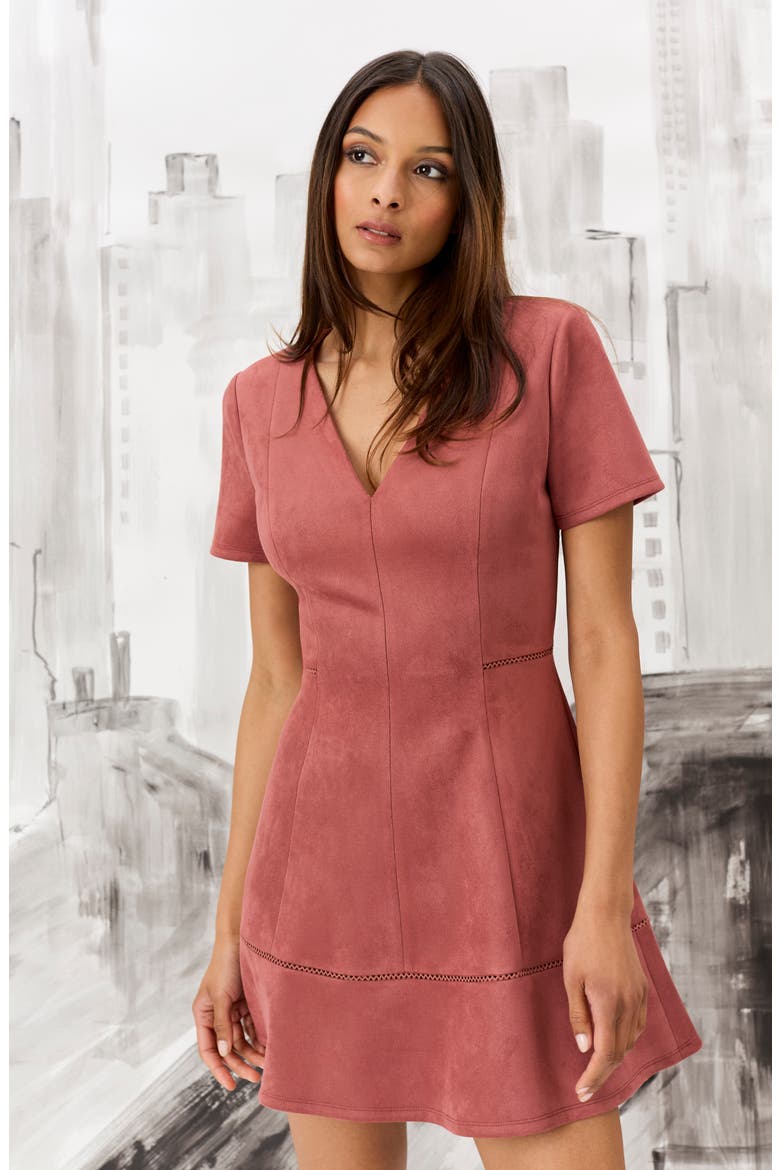 Short Sleeve Faux Suede Fit & Flare Minidress, Alternate, color, PINK