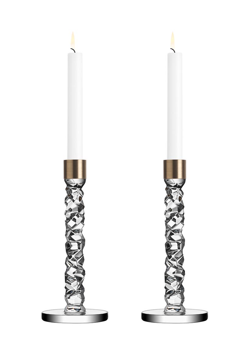 Carat Set of 2 Medium Crystal & Brass Candlesticks, Alternate, color, BRASS